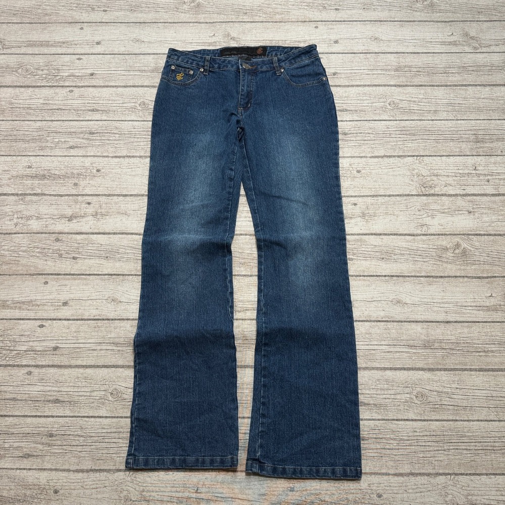 Y2K Rocawear Jeans Women's 7/8 Blue Denim Bootcut Dark Wash Embellished Pockets